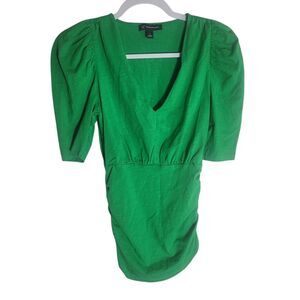 INC Y2K Shirt Women's Size Small S Green Puff Sleeve Ruched Babydoll Deep V Neck